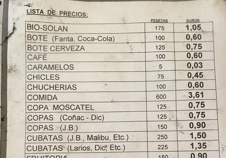 La carta de un bar en Cangas del Narcea con los precios de hace 25 años: «La entrada del euro...»